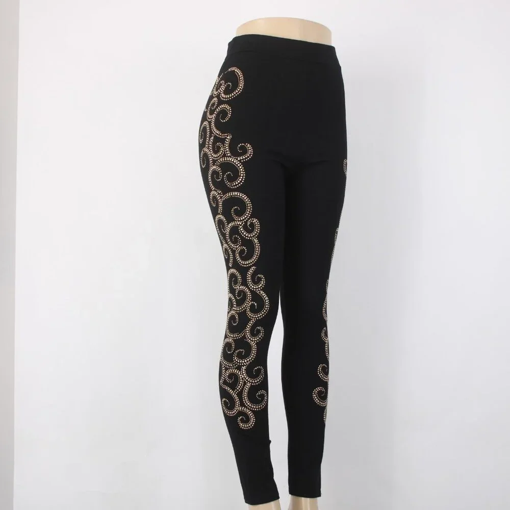Mode Lia Legging Pant Sz L x 29 Black Gold Embellishment Swirls Rayon Leggings - Picture 4 of 12